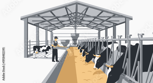 Modern Dairy Farm Barn with Cows and Farmer.