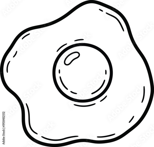 Black and white outline illustration of a fried egg on a white background
