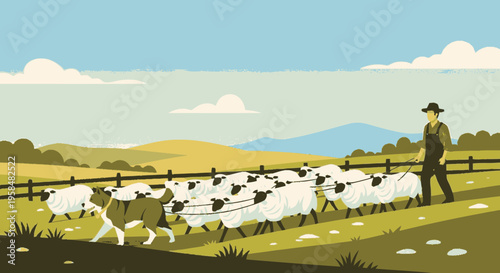 Shepherd dog herding sheep in a rural landscape.