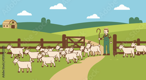 Shepherd guiding flock of goats through a farm gate.