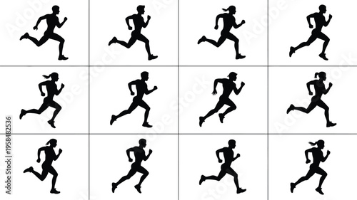 Dynamic silhouettes of people running in motion depicted in a grid layout with minimalist black and white design conveying energy and athleticism