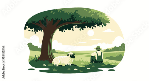 Shepherd resting under a tree with sheep.