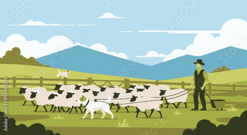 Shepherd with Dog Herding Sheep in a Field.