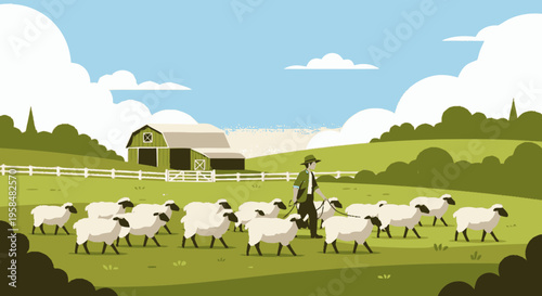 Shepherd tending flock of sheep in green pasture.