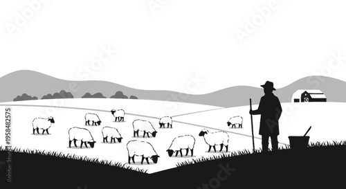 Shepherd tending to flock of sheep in a field.