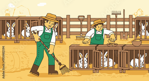 Two farmers tending to rabbits in cages on a farm.