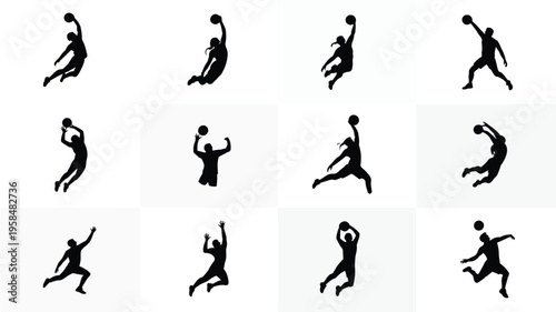 Dynamic silhouettes of athletes performing basketball moves in mid air showcasing dunking jumping and shooting in a minimalist high contrast design