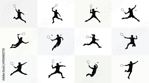 Silhouettes of athletes playing badminton in a sequence of dynamic poses mid air jumps and swings minimalist design isolated on white background