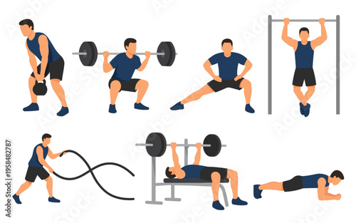 Male Fitness Workout Exercises and Gym Training Vector