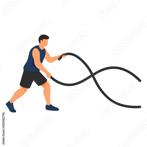  Man Battle Rope Workout Strength Training Vector Illustration