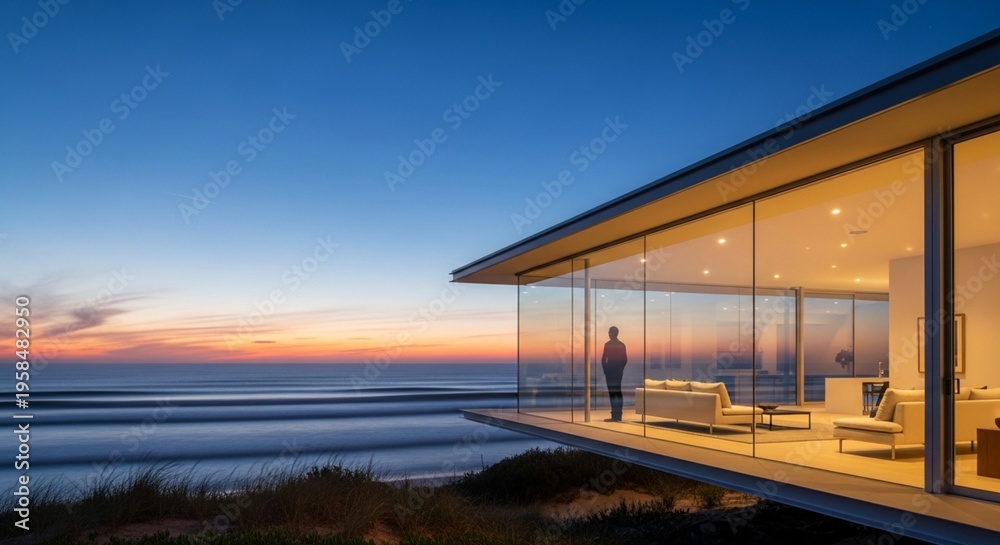Obraz premium Contemporary Glass House with a Dramatic Ocean Vista at Twilight
