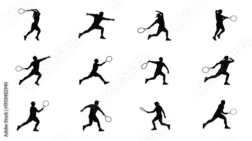 Black silhouettes of athletes playing tennis showing dynamic poses with rackets and balls in motion isolated on white background for versatile design use