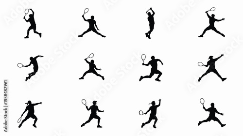 Dynamic silhouettes of tennis players in action showcasing athletic poses and movements in a minimalist black and white design perfect for sports fitness and active lifestyle