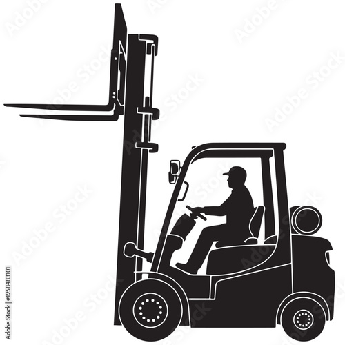 Professional forklift operator driving heavy industrial machinery, a detailed black and white silhouette vector illustration representing warehouse logistics, material handling, and efficient transpor