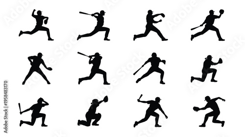 Silhouettes of baseball players in dynamic poses including batting pitching and running showcasing athletic movement and energy on a clean white background