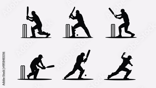 Dynamic cricket silhouettes of players batting in a variety of action packed poses on a clean white background