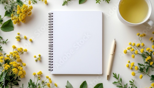 春のミモザとノート背景｜お茶とペンのフラットレイ（余白）