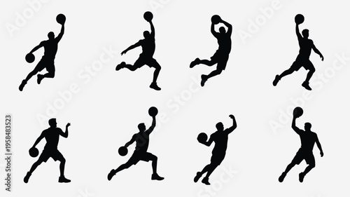 Silhouettes of athletes performing dynamic basketball moves including dribbling shooting and dunking in mid air poses isolated on white background