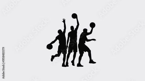 Silhouettes of three basketball players in dynamic poses capturing movement and energy during a game with one player jumping to shoot another reaching up and the third preparing