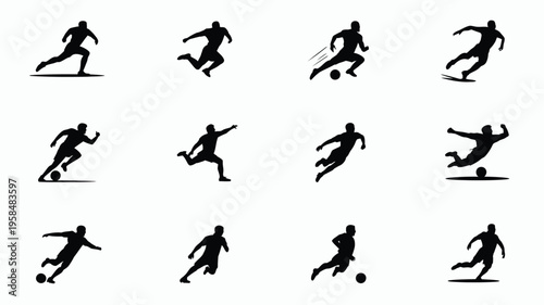 Dynamic black silhouettes of athletes in motion soccer players kicking running jumping and dribbling isolated on white background minimalist illustration style for sports design