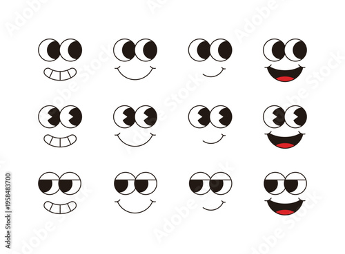 Set of various cute cartoon face expressions with big eyes and smiles. Minimalist vector illustration of funny character facial elements for stickers, emojis, and mascot design on white background.