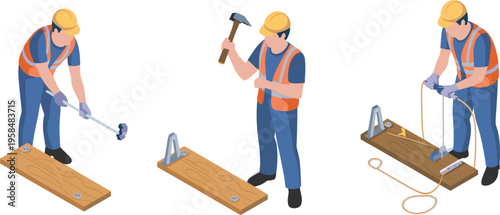 Isometric construction workers installing wooden boards using hammer drill and tools flooring assembly carpentry process professional building illustration scene