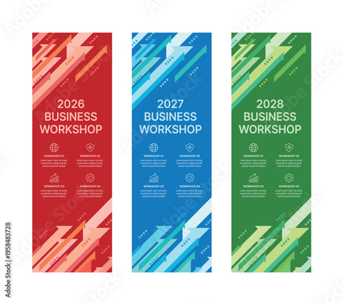 Set of vertical business workshop banner templates for 2026, 2027, and 2028. Flat vector illustration with upward arrows and info icons in red, blue, and green colors for corporate events and seminars