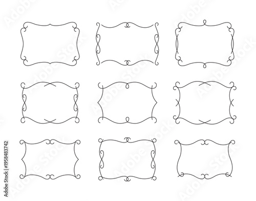 Set of elegant vintage calligraphy frame templates. Minimalist black line flourishes and swirls border design for wedding invitations, certificates, and labels on white background.