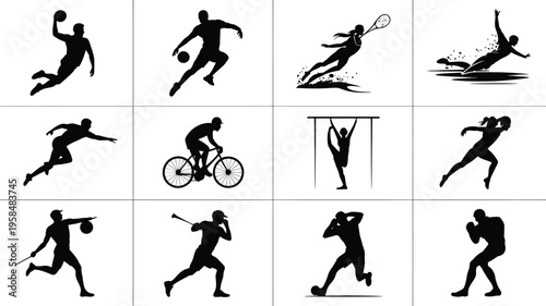 Silhouettes of athletes performing various sports activities in dynamic poses including basketball tennis cycling gymnastics and soccer showcasing energy and movement