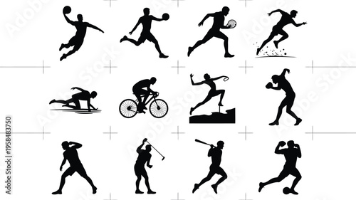 Dynamic silhouettes of athletes performing various sports activities in minimalist black vector style for fitness and athleticism concepts