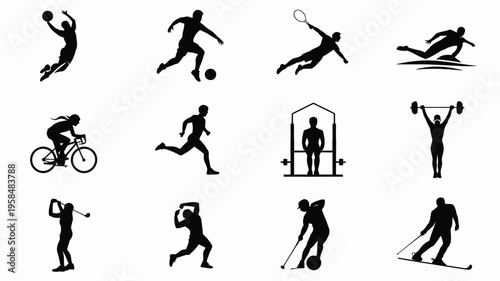 Silhouettes of athletes performing various sports activities including volleyball soccer tennis swimming cycling running skiing and weightlifting in a minimalist black and white