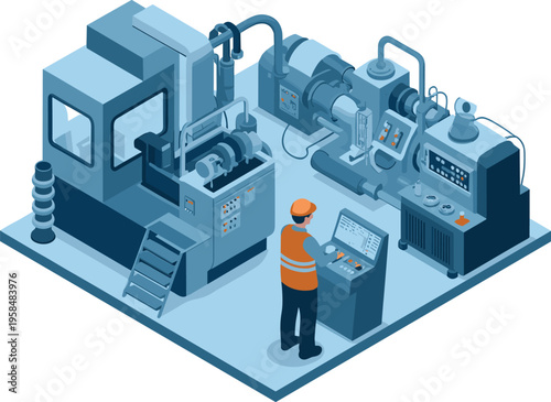 Isometric industrial factory machine with operator control panel manufacturing equipment automated production system engineering technology process illustration scene