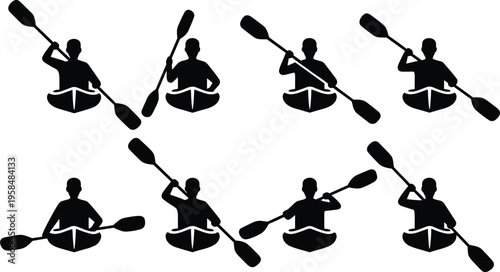 Kayaking silhouettes set with paddling poses, canoe athlete rowing on water, outdoor adventure and water sport activity concept isolated on white background