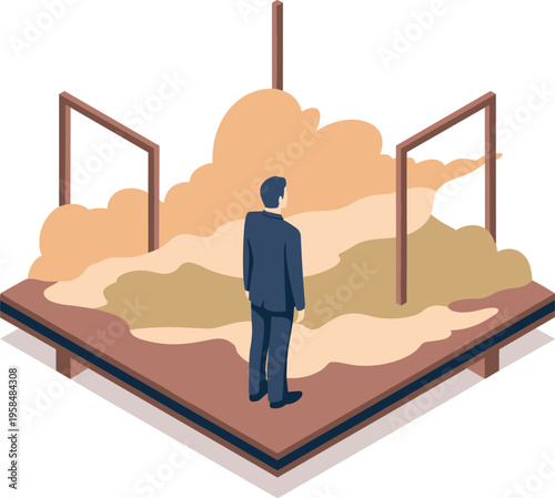 Isometric uncertainty concept with businessman surrounded by dust cloud confusion unclear direction risk challenge business decision illustration scene