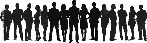 Large group of business people silhouettes isolated on white background, diverse corporate men and women standing together, professional office team and leadership concept
