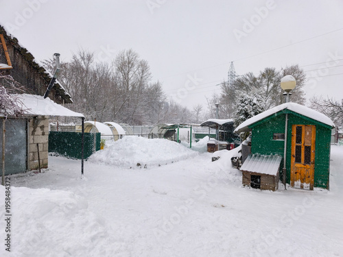 Green wooden shed with a dog house stands in a rural backyard courtyard completely covered by thick white snow under a grey overcast winter sky during a blizzard.