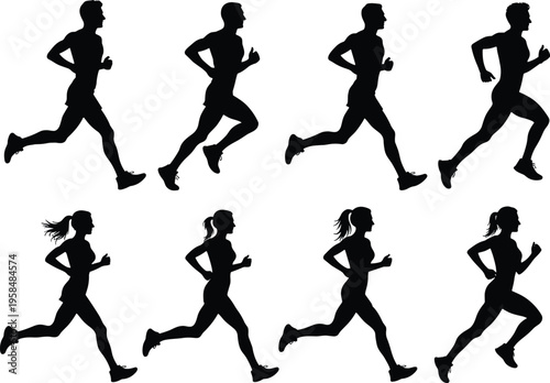 Male and female running silhouettes set showing jogging motion sequence, athletic runners in different stride poses, fitness training, marathon sport concept isolated
