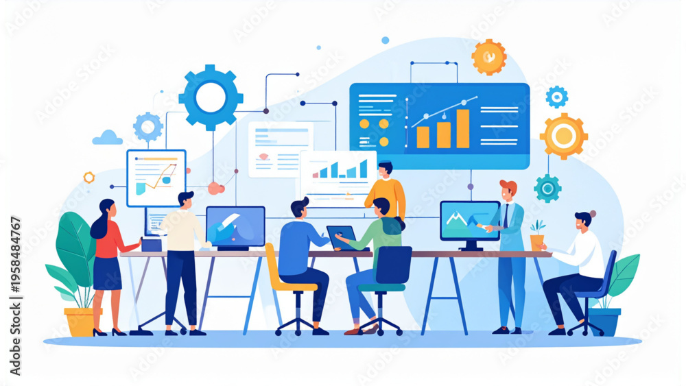 Fototapeta premium Business Process Workflow Concept with Team Collaboration, Project Management Flat Vector Illustration