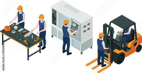 Manufacturing industry icon set, factory workers machinery forklift production process isometric vector illustration assembly line engineering industrial concept design