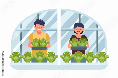 Two people tending to lush green plants inside a glass greenhouse