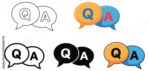 Question answer icon set featuring speech bubbles with Q and A letters, outline and colored variations, communication and FAQ symbols, modern flat vector illustration collection for digital platforms 