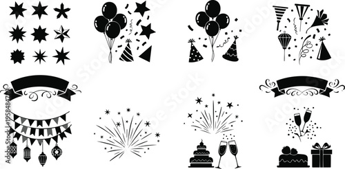 Celebration vector illustration with balloons fireworks stars party hats and festive banners set