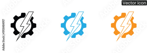 Vector set of gear icons with lightning bolts in black blue and orange for technology and innovation concepts
