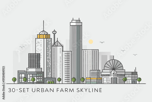 Minimalist skyline illustration featuring geometric buildings and a hint of nature