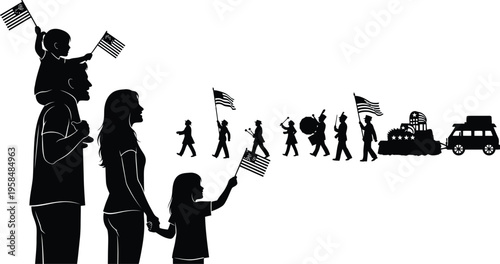Independence day celebration silhouette with family and parade