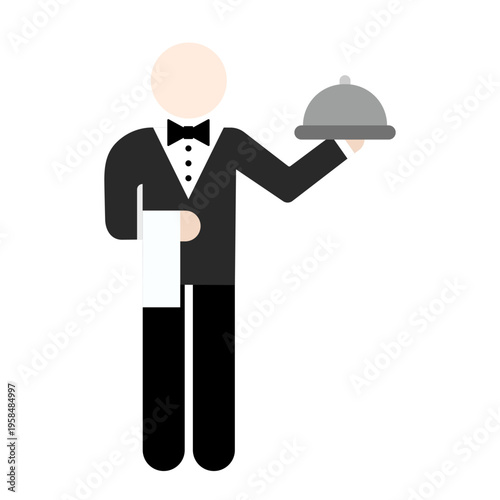 Waiter or butler in a tuxedo holding a serving platter with a cloche.