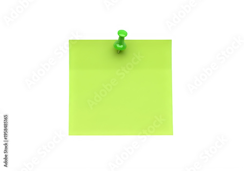 Bright green sticky note attached with a colorful pin isolated on transparent background