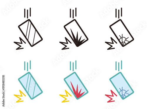 スマートフォンの落下と画面破損トラブルのアイコンイラストセット / Smartphone dropping and broken screen icon set