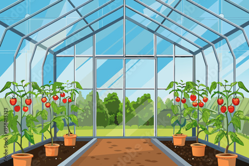 A bright greenhouse interior with tomato plants and a view of trees