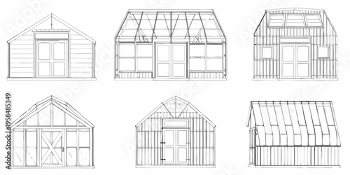 Line art illustrations of various shed and greenhouse designs